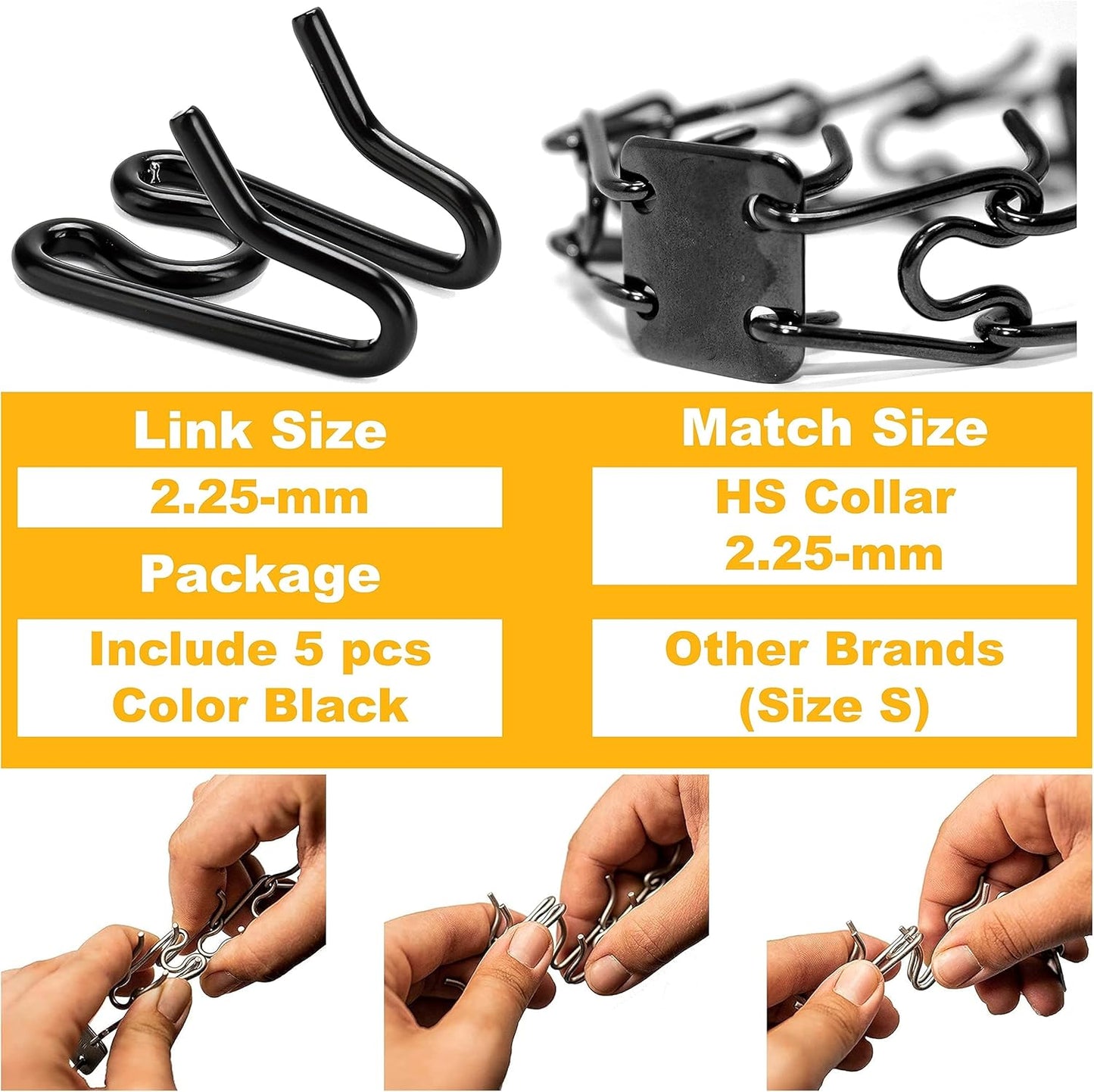 Stainless Steel Dog Collar Extra Links Designed for 2.25mmH-S Collar Links, Black (5 Pack)